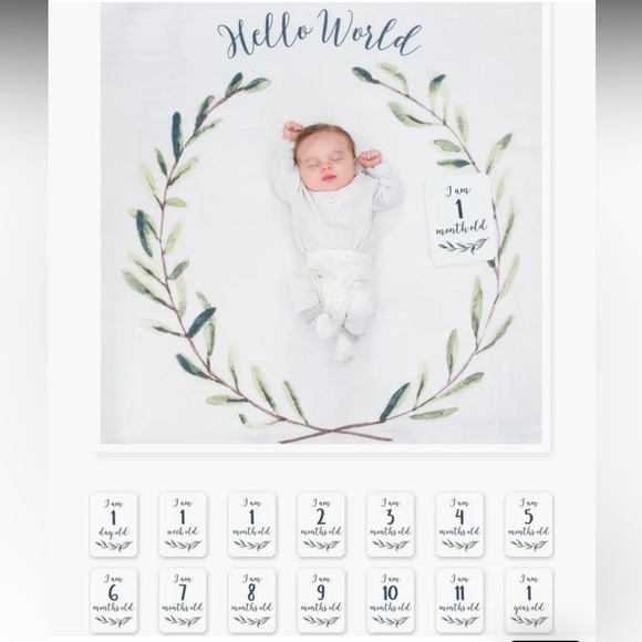 NWT lulujo Baby's First Year Hello World Muslin Blanket & Milestone Card Set - Picture 2 of 2